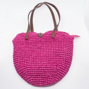 Pink Straw Purse with Brown Faux Leather Straps